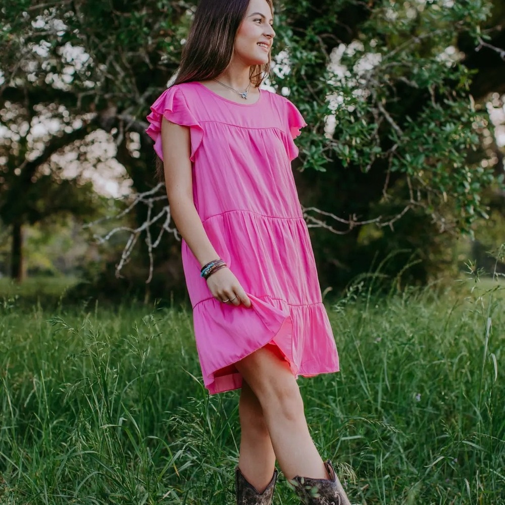 Vibrant Pink Ruffle Sleeve Dress - The Blush Buckaroo Dress